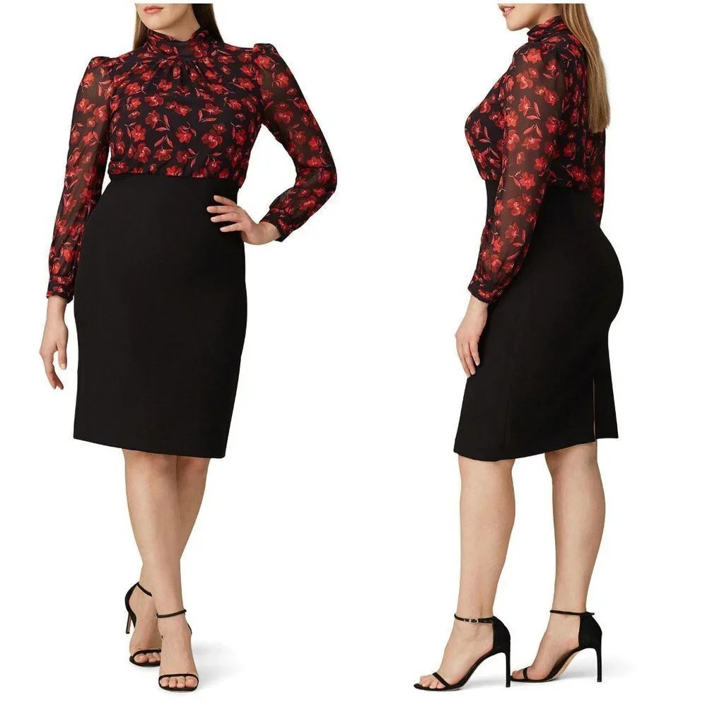 Badgley Mischka Black Red Floral High Neck Sheath Dress $495 - Picture 2 of 14